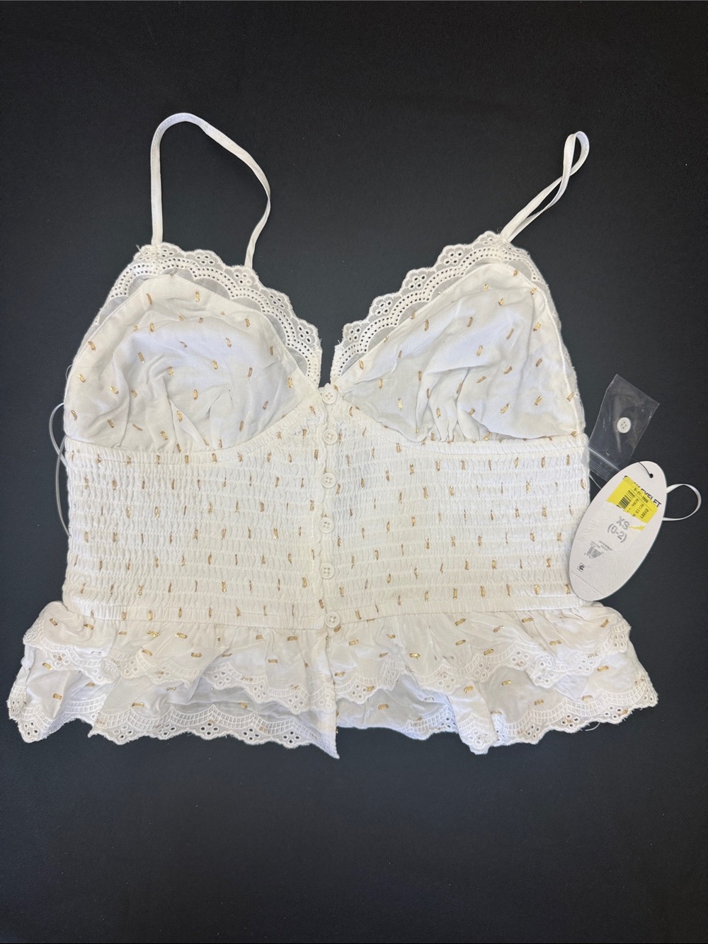 NWT Scoop Smocked White Eyelet Lace Cami with Gold Dot Accents